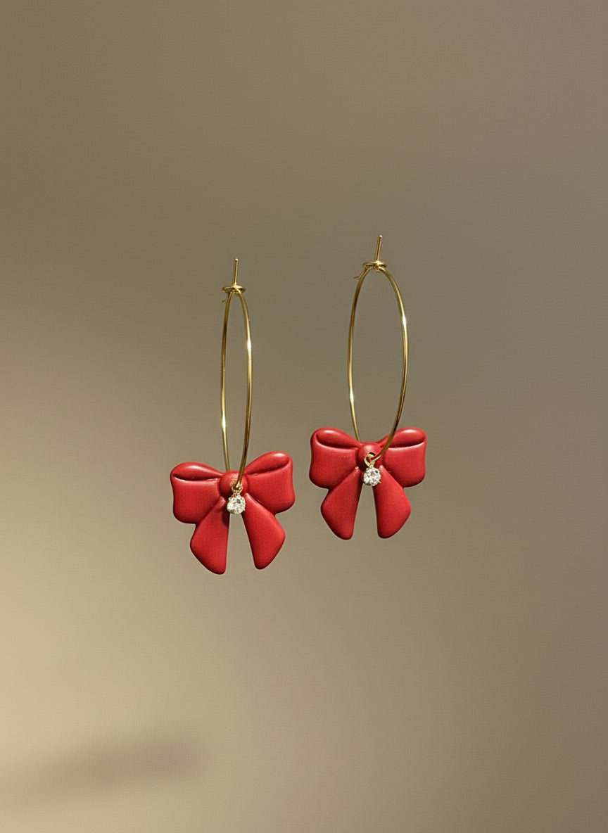 Christmas Red Bow Hoop Earrings - Stainless Steel with Zirconia | 30mm
