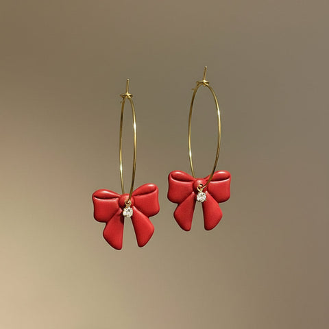 Christmas Red Bow Hoop Earrings - Stainless Steel with Zirconia | 30mm