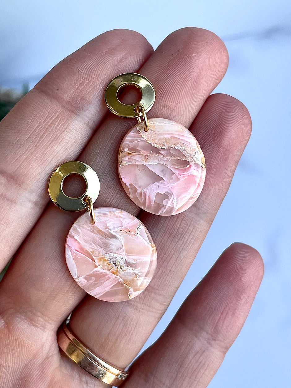 Glossy minimalistic oval pink marble earrings