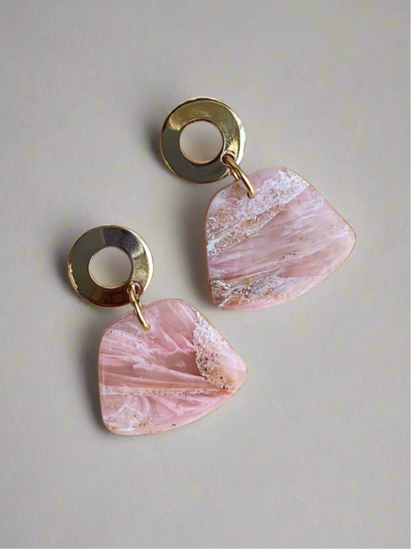 Glossy geometric pink marble earrings