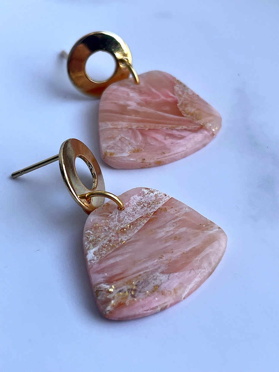 Glossy geometric pink marble earrings