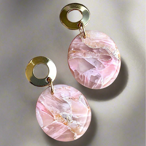Glossy minimalistic oval pink marble earrings