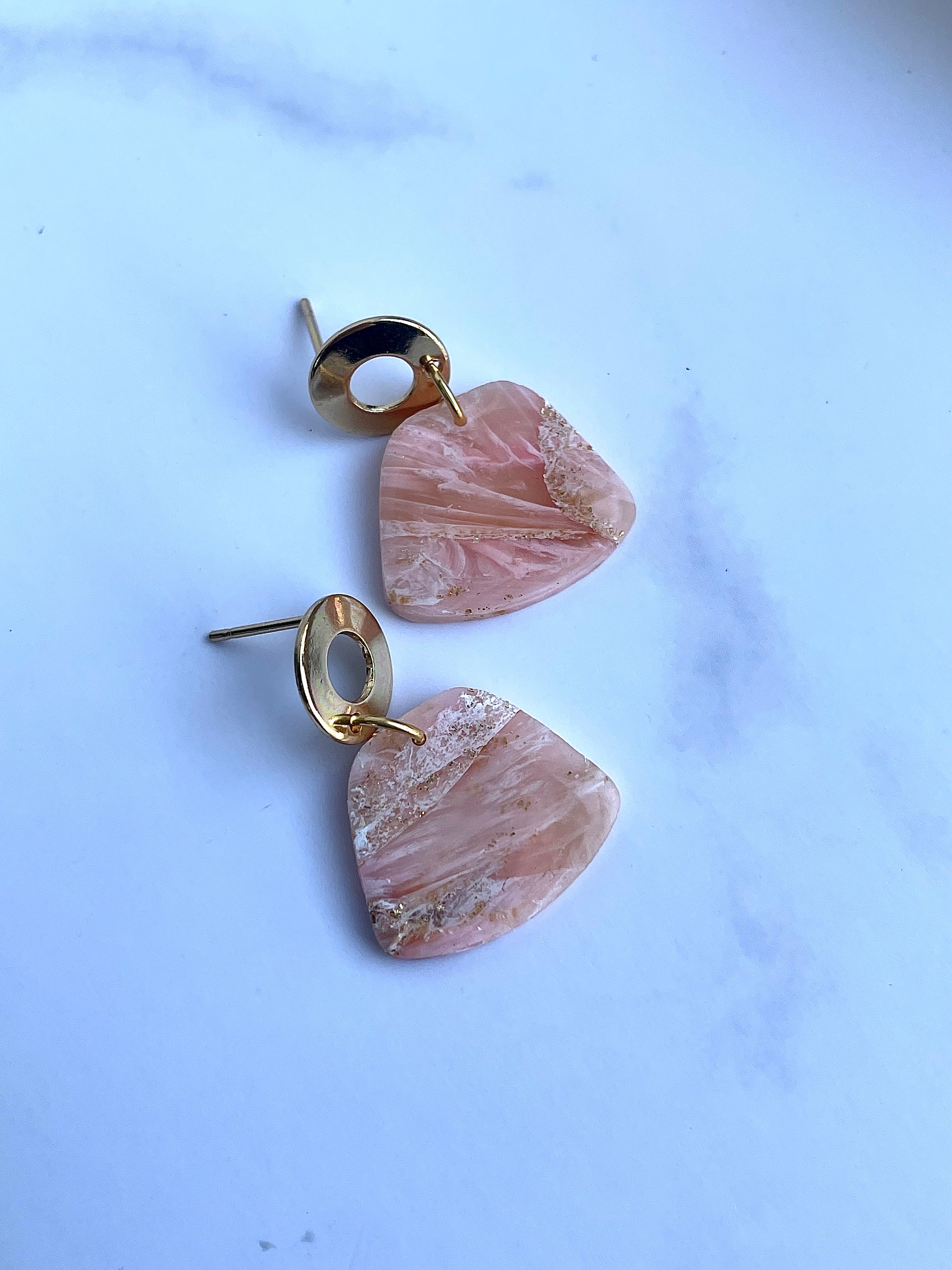 Glossy geometric pink marble earrings