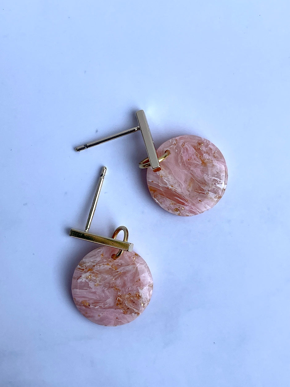 Glossy minimalistic round pink marble earrings