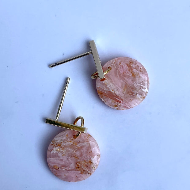 Glossy minimalistic round pink marble earrings