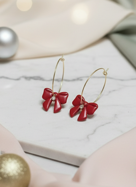 Christmas Red Bow Hoop Earrings - Stainless Steel with Zirconia | 30mm