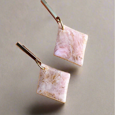 Glossy minimalistic rhombus pink marble earrings