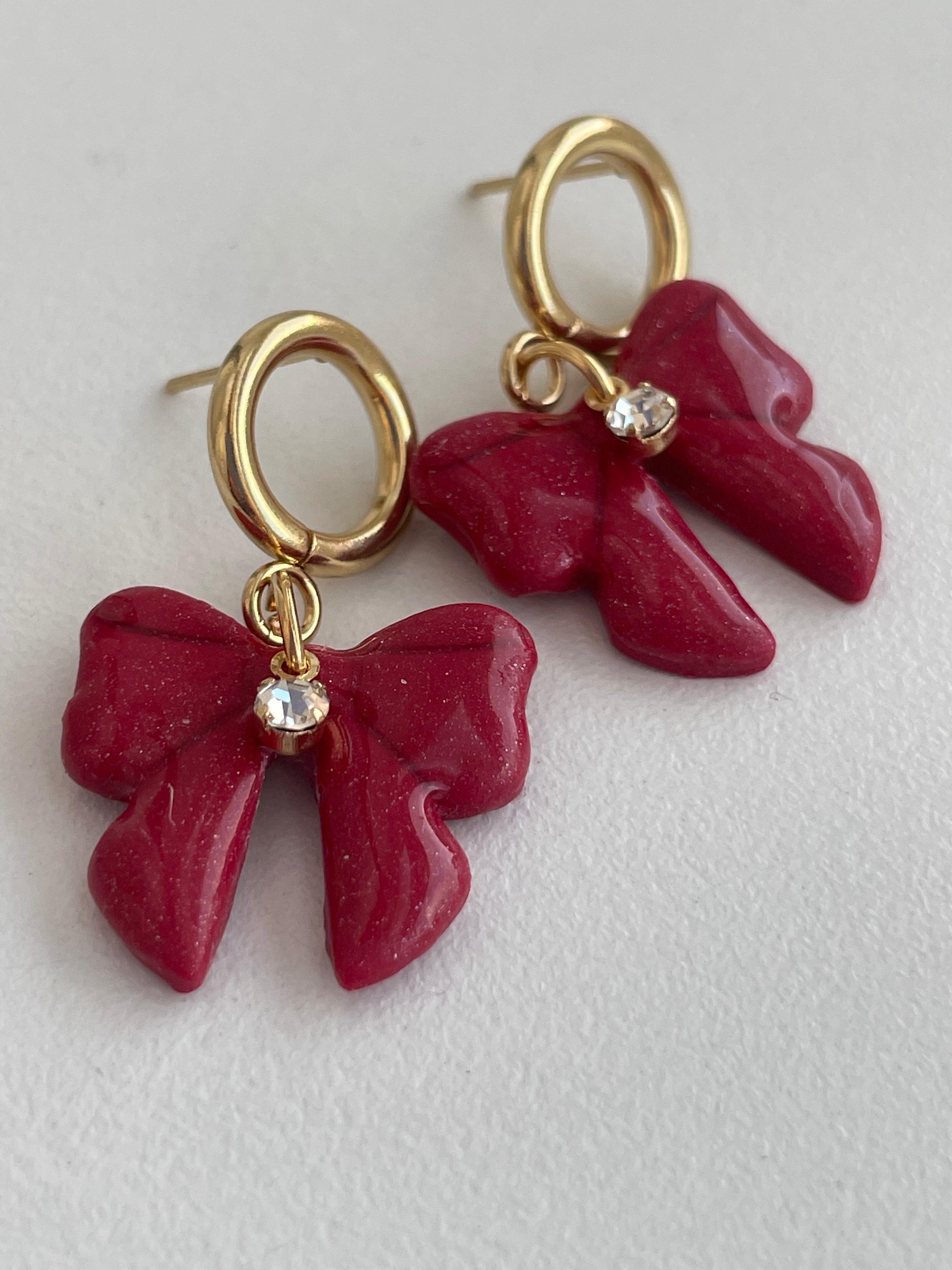 Luxe Red Bow Drop Earrings - 24K Gold Plated with Crystal Accent