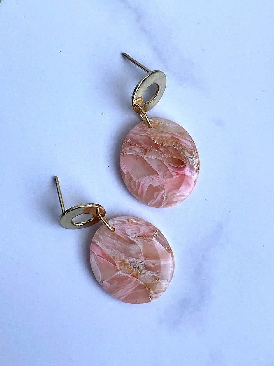 Glossy minimalistic oval pink marble earrings