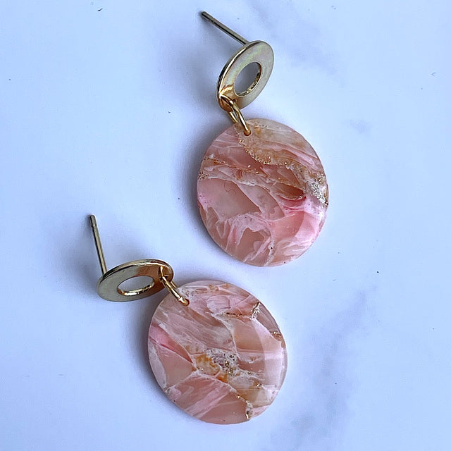Glossy minimalistic oval pink marble earrings