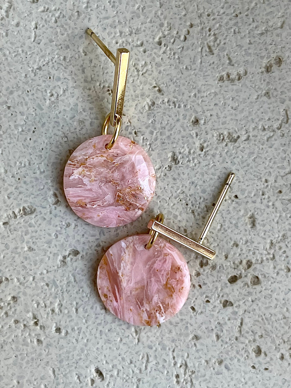 Glossy minimalistic round pink marble earrings