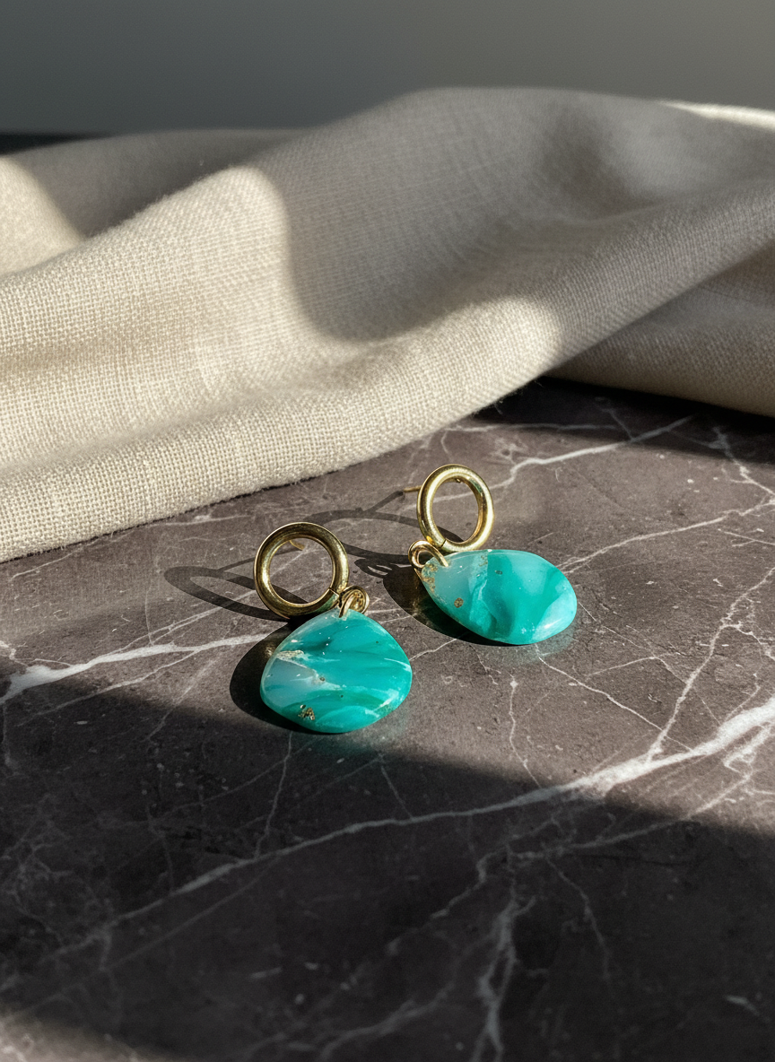 Aqua gemstone earrings on dark marble with beige fabric