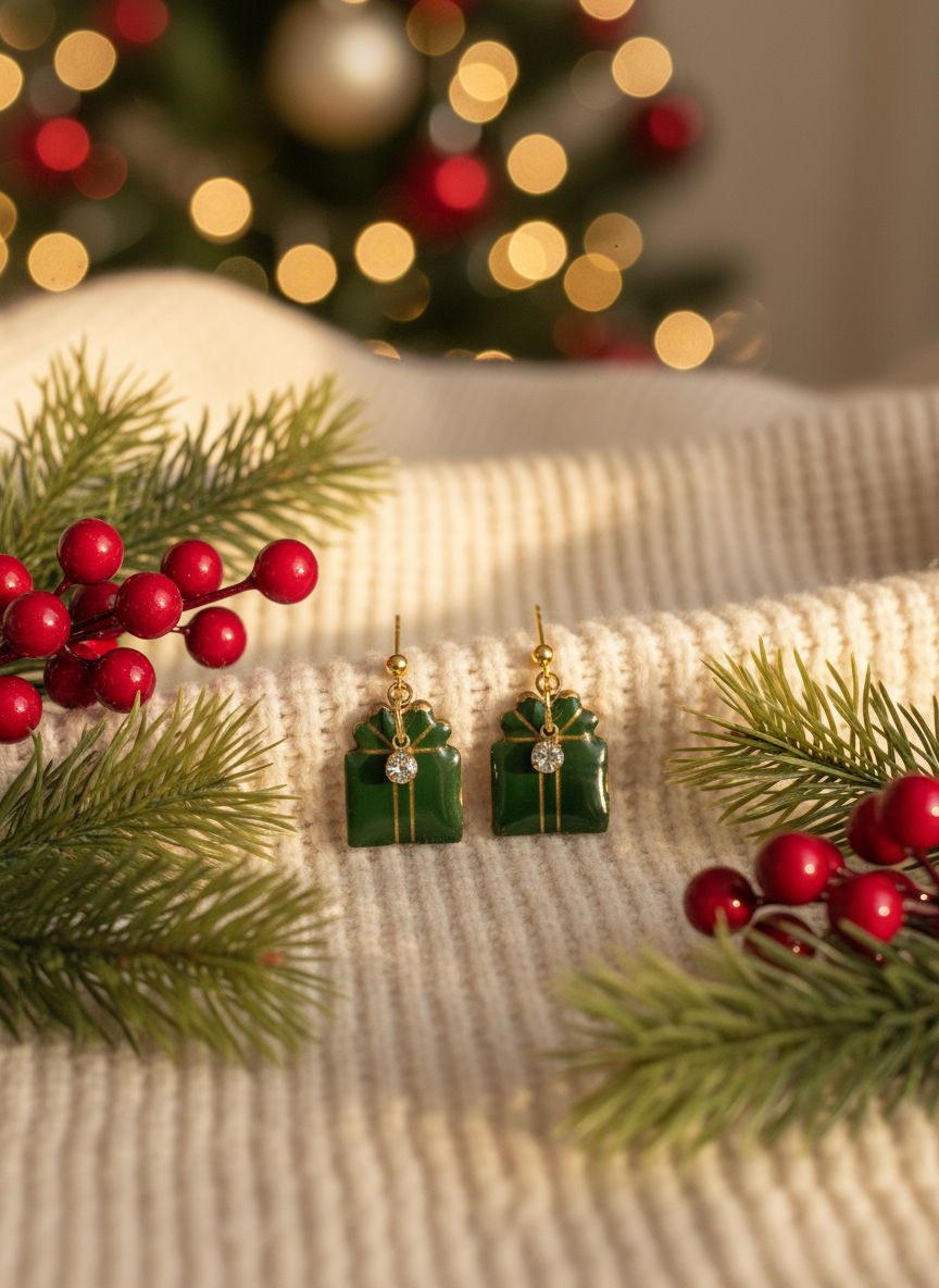 Christmas styled green gift box earrings