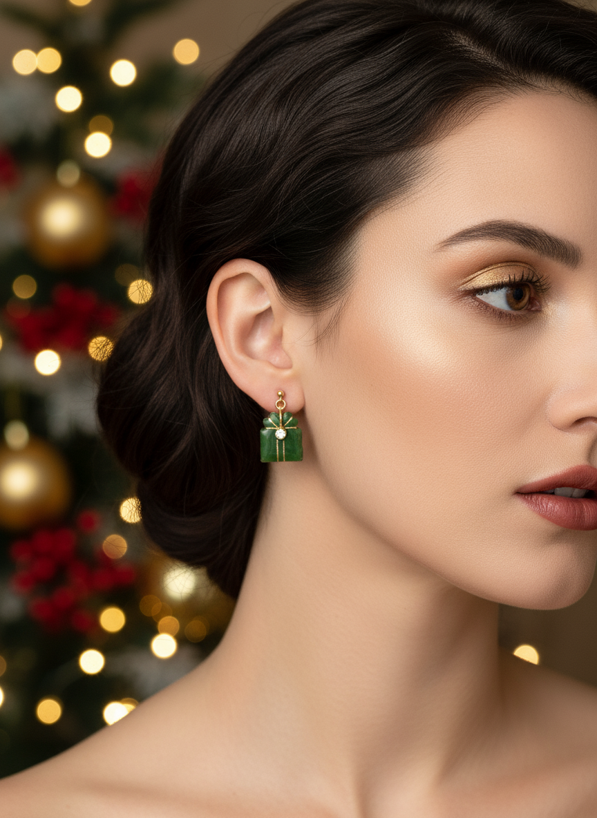 Different model wearing earrings with Christmas styling