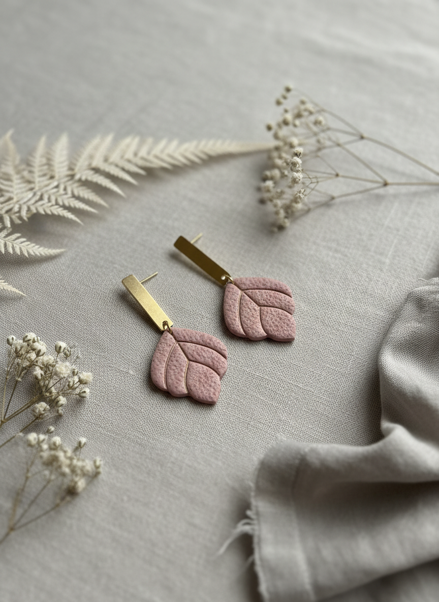 Dusty rose earrings with botanical styling
