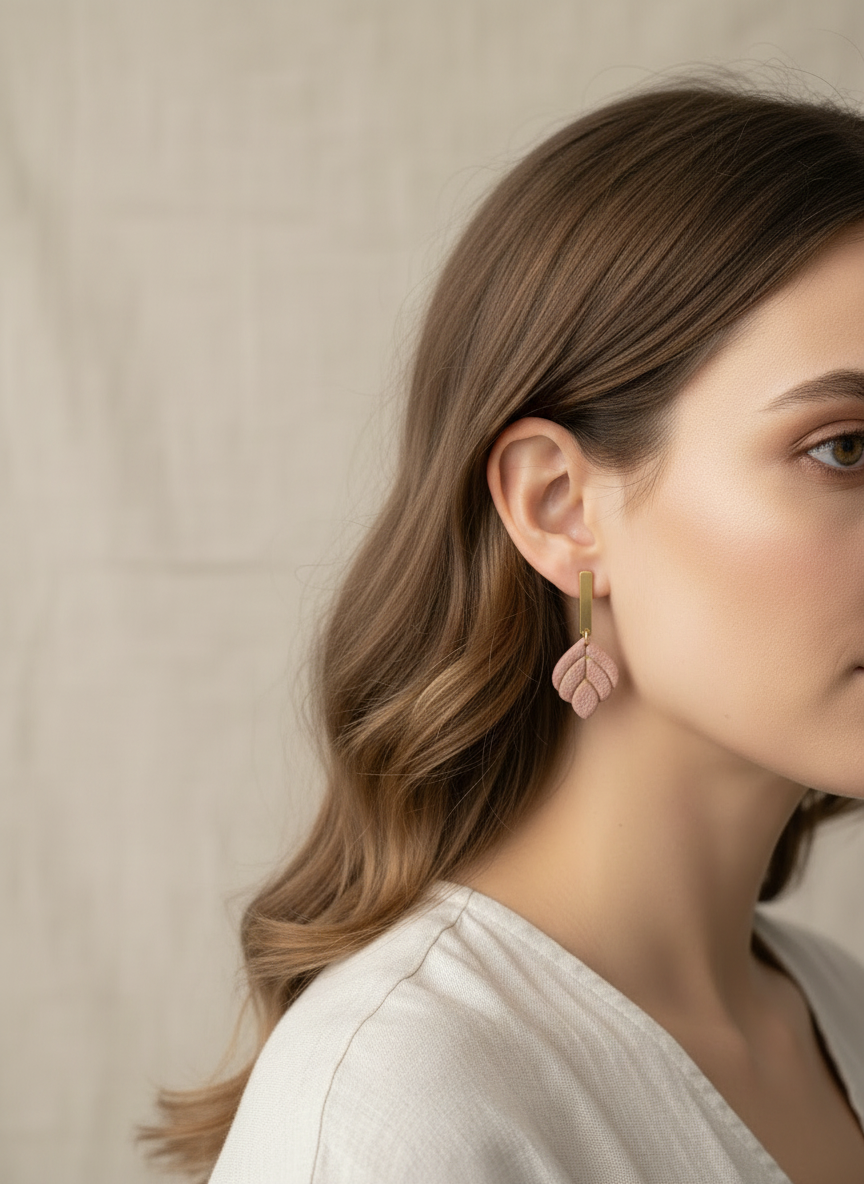 Model with leaf earring - natural fabric background