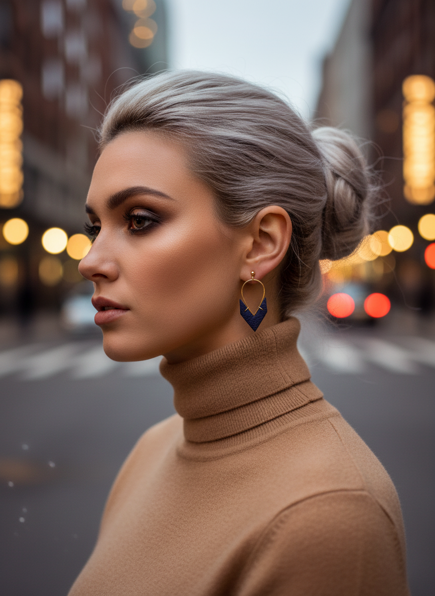 Navy earrings with bokeh background - profile