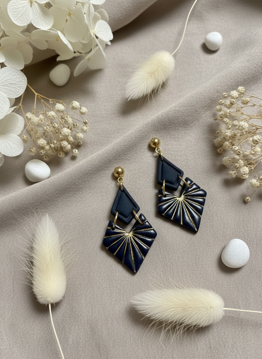 Navy geometric earrings with botanical styling