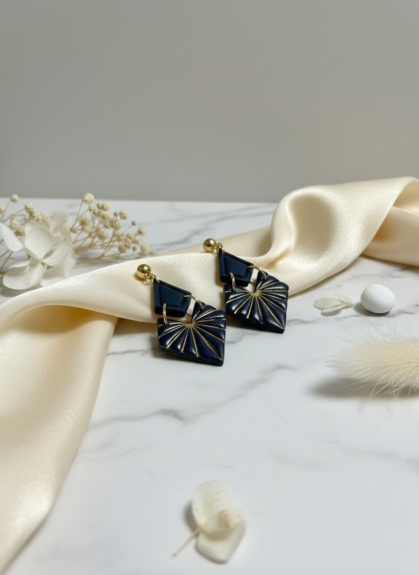 Navy geometric earrings with luxe styling