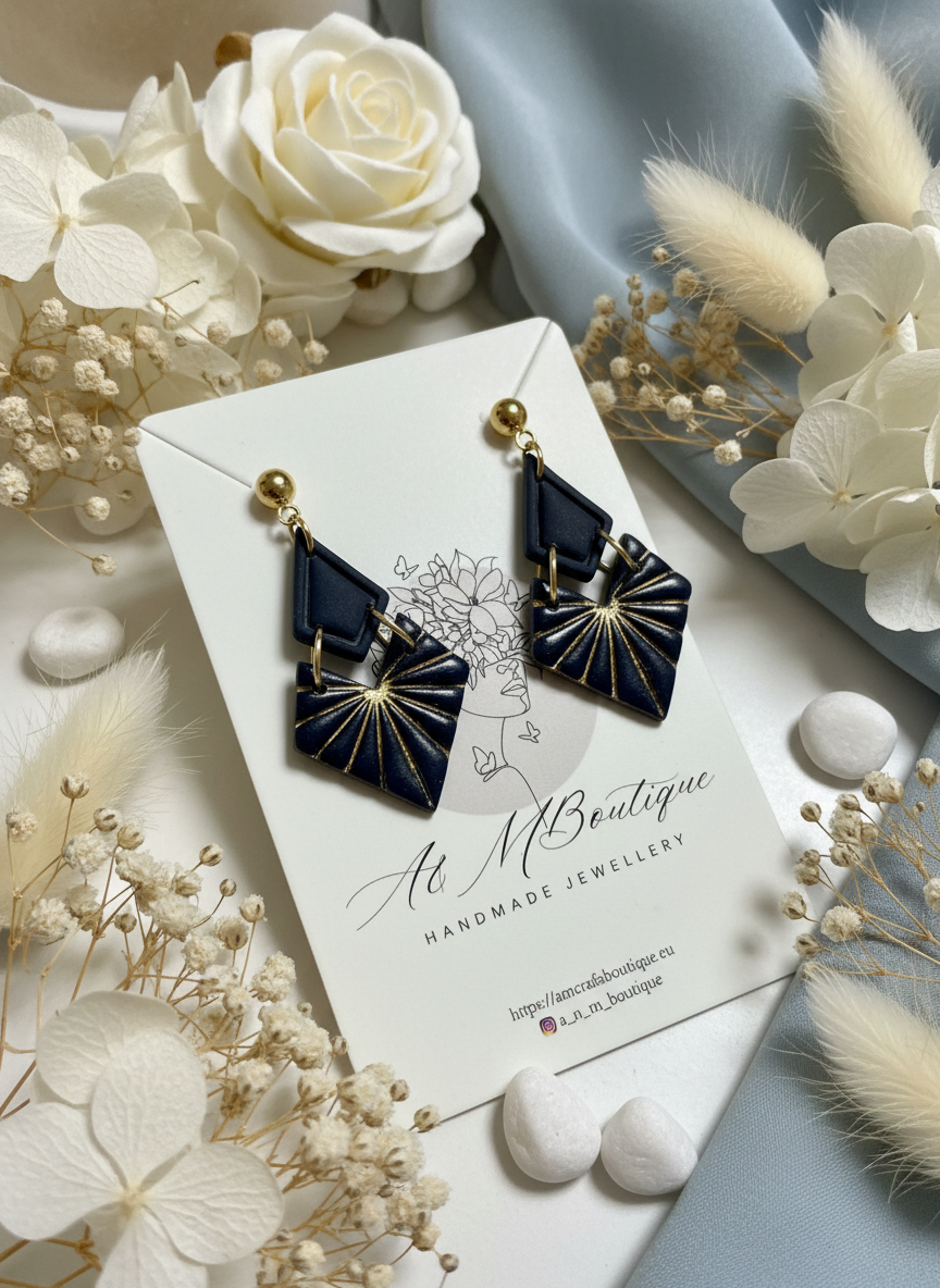 Navy geometric earrings with natural floral background